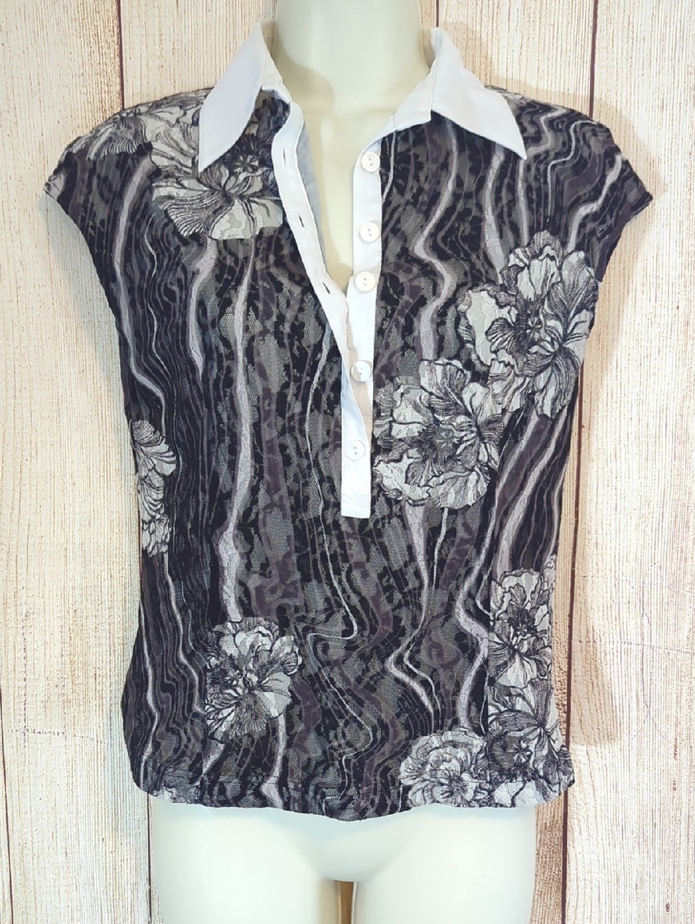 Vintage Black & White Lace Floral Pattern Polo Y2K Retro